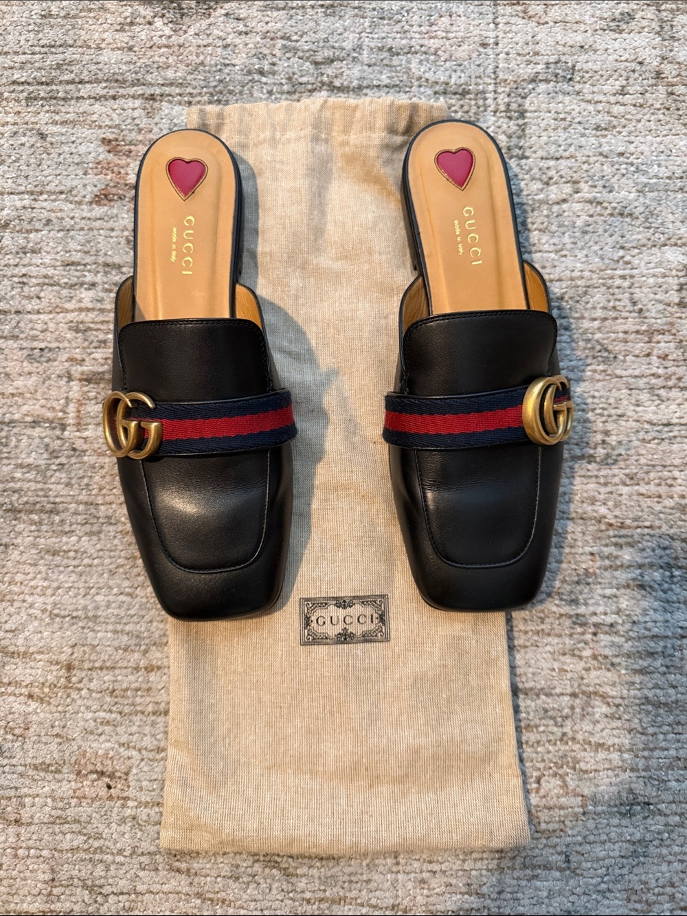 Gucci Black Leather Slide Mules with Red & Blue Web and Gold GG
